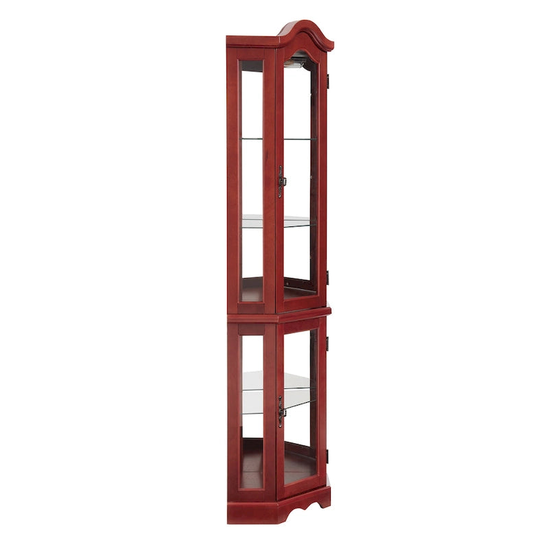 Lighted Corner Curio Cabinet with Tempered Glass Doors & Shelves - Elegant Cherry Display Case with Bulb