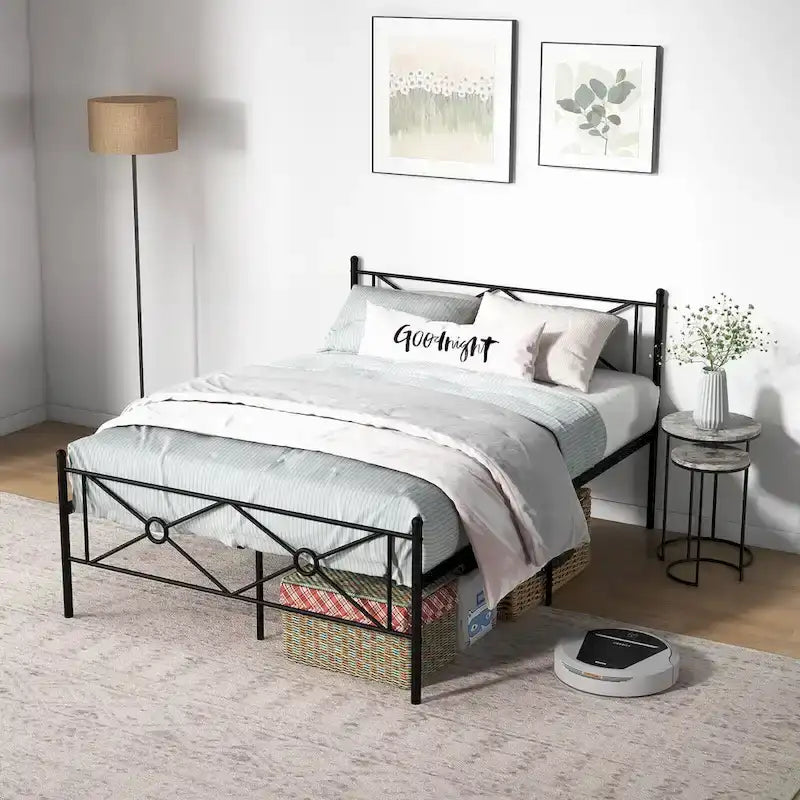 Gymax Full/Queen Size Metal Platform Bed Frame w/ Headboard Mattress