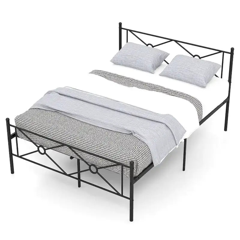 Gymax Full/Queen Size Metal Platform Bed Frame w/ Headboard Mattress