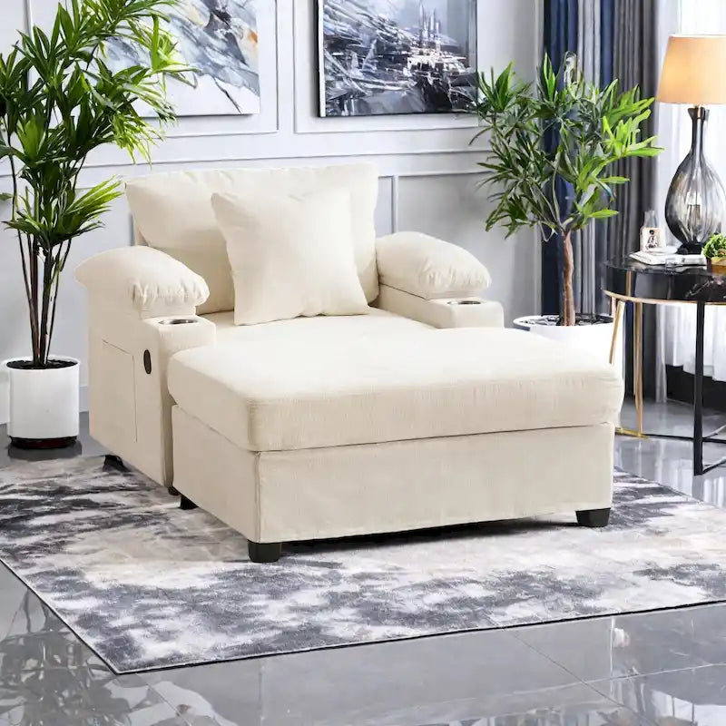 Chenille Oversized Accent Chair with Ottoman, USB Charging Ports and Convertible Sofa Bed Design