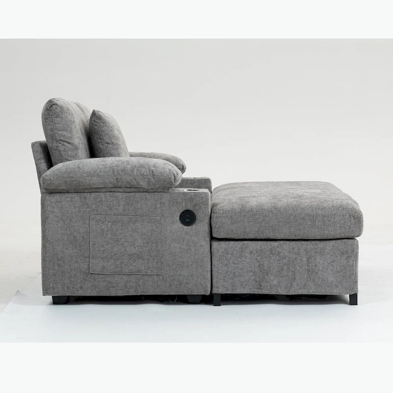 Chenille Oversized Accent Chair with Ottoman, USB Charging Ports and Convertible Sofa Bed Design