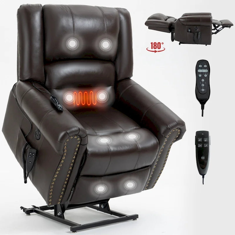 Brown Genuine Leather Power Lift Recliner with Dual Motor
