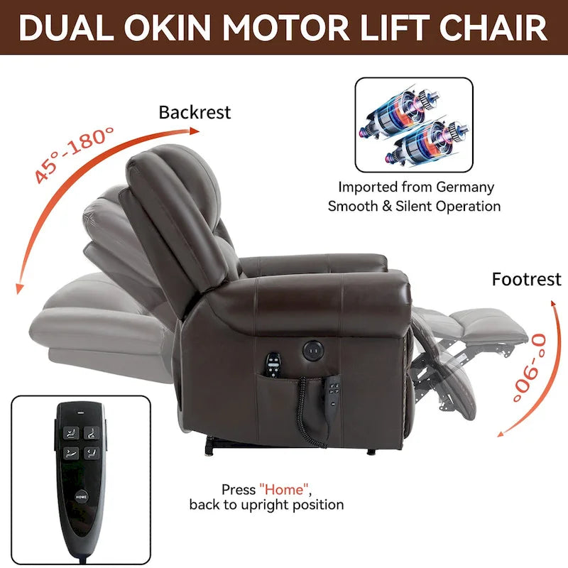 Brown Genuine Leather Power Lift Recliner with Dual Motor