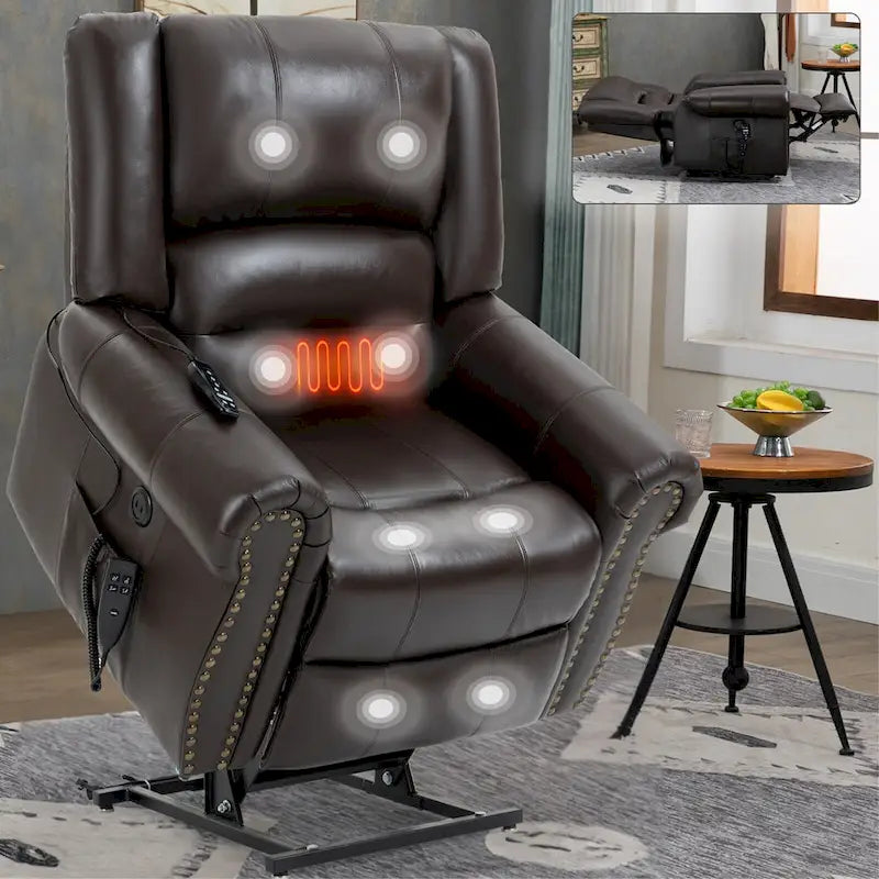 Brown Genuine Leather Power Lift Recliner with Dual Motor