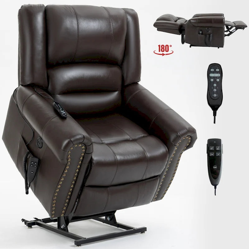 Brown Genuine Leather Power Lift Recliner with Dual Motor