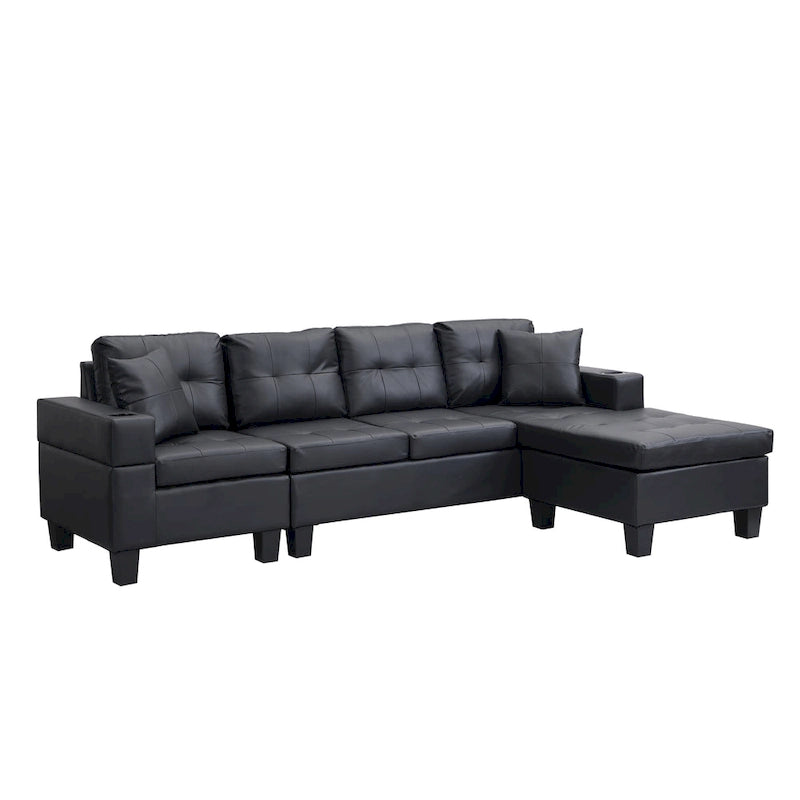 Black 96.06 Modern L-Shaped 4 Seater Sectional Sofa with Chaise Lounge, Cup Holders, and Throw Pillows