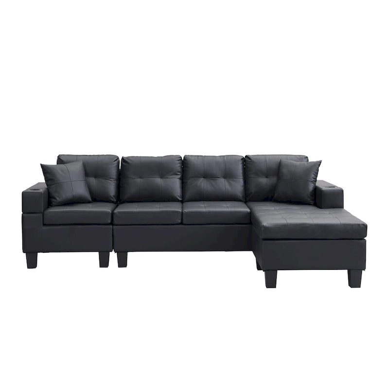 Black 96.06 Modern L-Shaped 4 Seater Sectional Sofa with Chaise Lounge, Cup Holders, and Throw Pillows