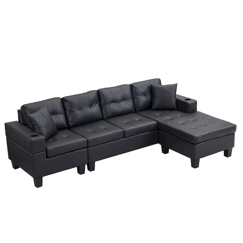 Black 96.06 Modern L-Shaped 4 Seater Sectional Sofa with Chaise Lounge, Cup Holders, and Throw Pillows
