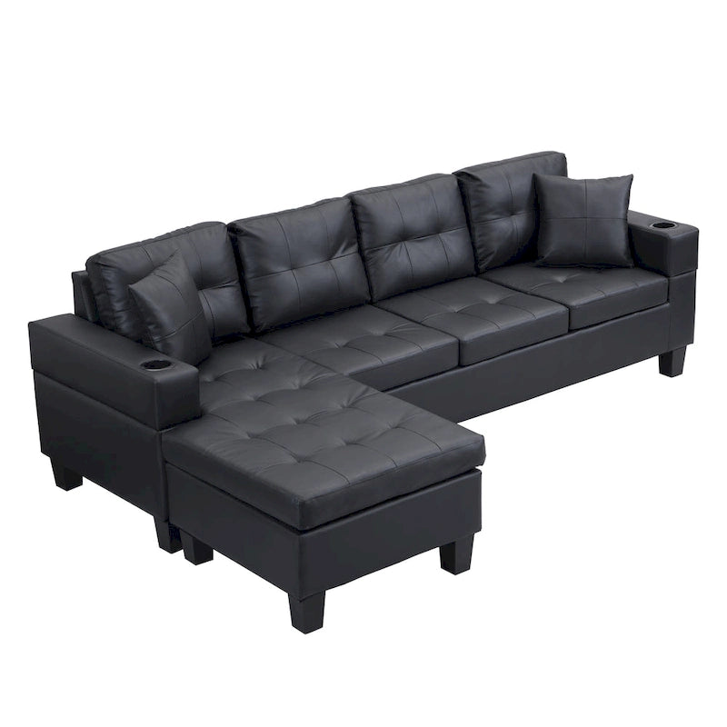 Black 96.06 Modern L-Shaped 4 Seater Sectional Sofa with Chaise Lounge, Cup Holders, and Throw Pillows