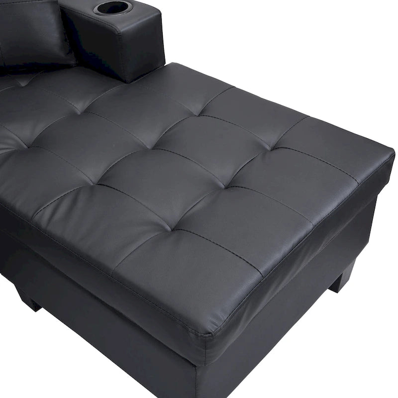Black 96.06 Modern L-Shaped 4 Seater Sectional Sofa with Chaise Lounge, Cup Holders, and Throw Pillows
