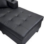 Black 96.06 Modern L-Shaped 4 Seater Sectional Sofa with Chaise Lounge, Cup Holders, and Throw Pillows