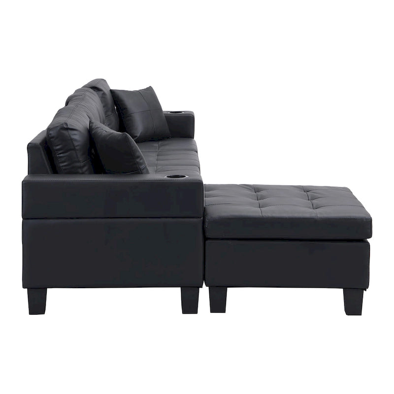 Black 96.06 Modern L-Shaped 4 Seater Sectional Sofa with Chaise Lounge, Cup Holders, and Throw Pillows