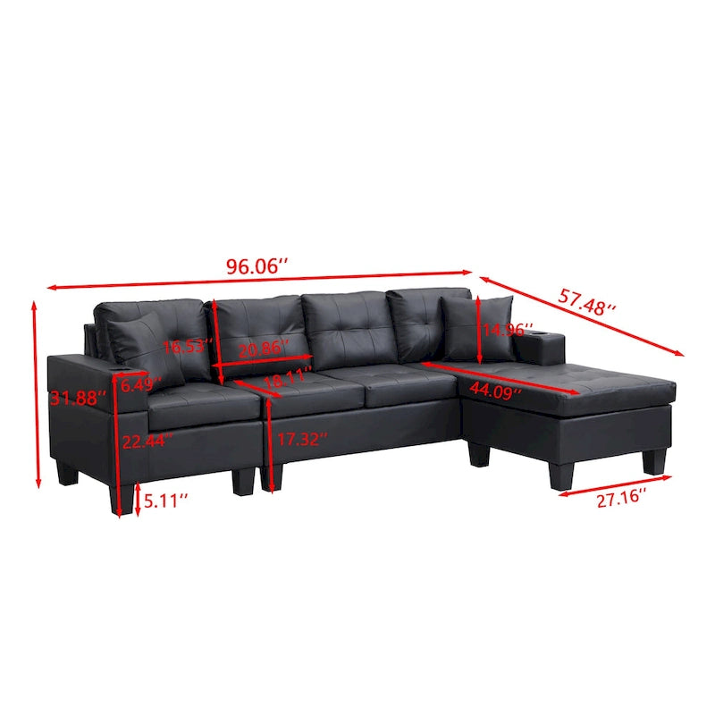 Black 96.06 Modern L-Shaped 4 Seater Sectional Sofa with Chaise Lounge, Cup Holders, and Throw Pillows