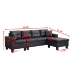 Black 96.06 Modern L-Shaped 4 Seater Sectional Sofa with Chaise Lounge, Cup Holders, and Throw Pillows