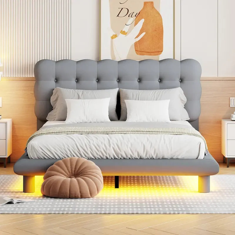 Velvet Upholstered Platform Bed Frame with LED Light & Biscuit Headboard