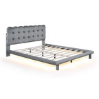 Velvet Upholstered Platform Bed Frame with LED Light & Biscuit Headboard