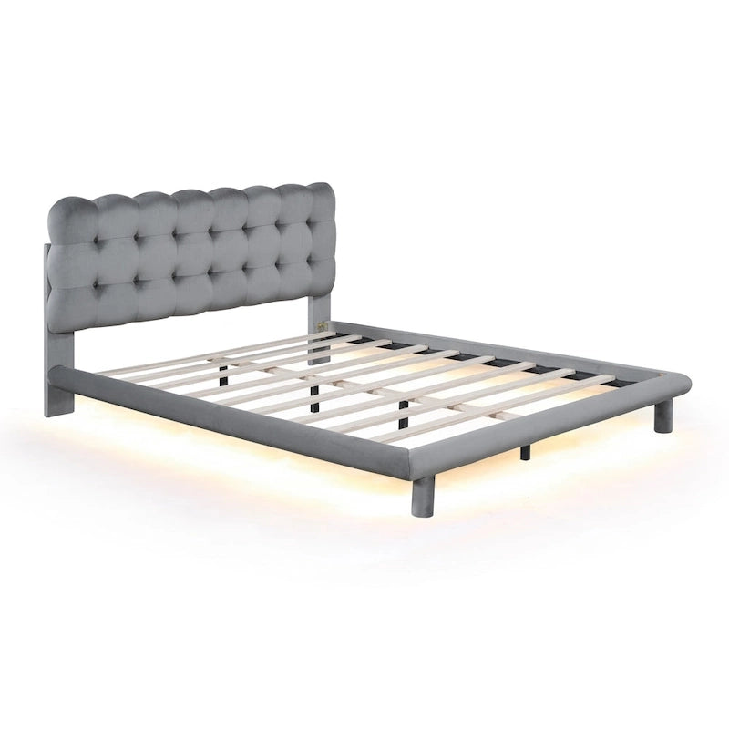 Velvet Upholstered Platform Bed Frame with LED Light & Biscuit Headboard