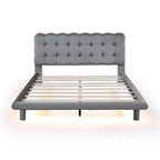 Velvet Upholstered Platform Bed Frame with LED Light & Biscuit Headboard
