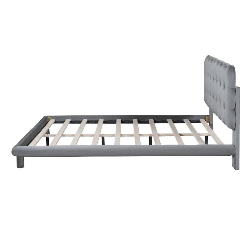 Velvet Upholstered Platform Bed Frame with LED Light & Biscuit Headboard