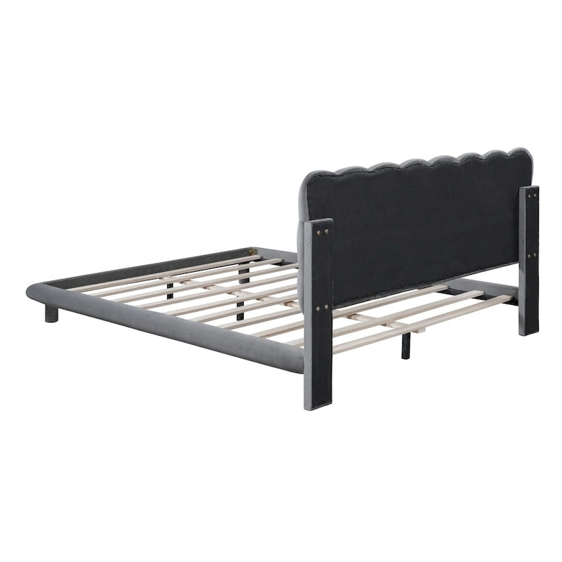 Velvet Upholstered Platform Bed Frame with LED Light & Biscuit Headboard