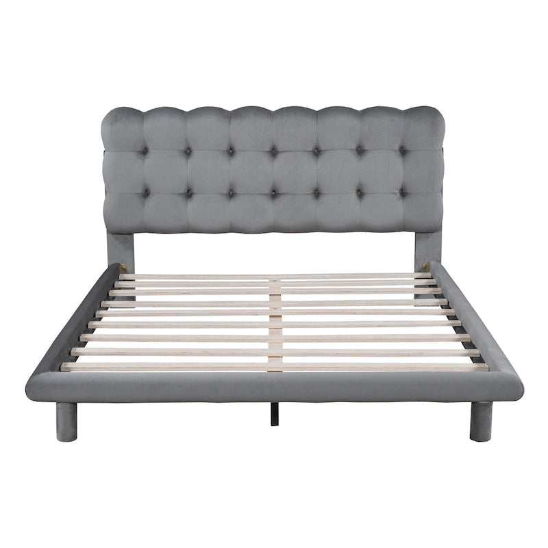 Velvet Upholstered Platform Bed Frame with LED Light & Biscuit Headboard