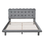 Velvet Upholstered Platform Bed Frame with LED Light & Biscuit Headboard