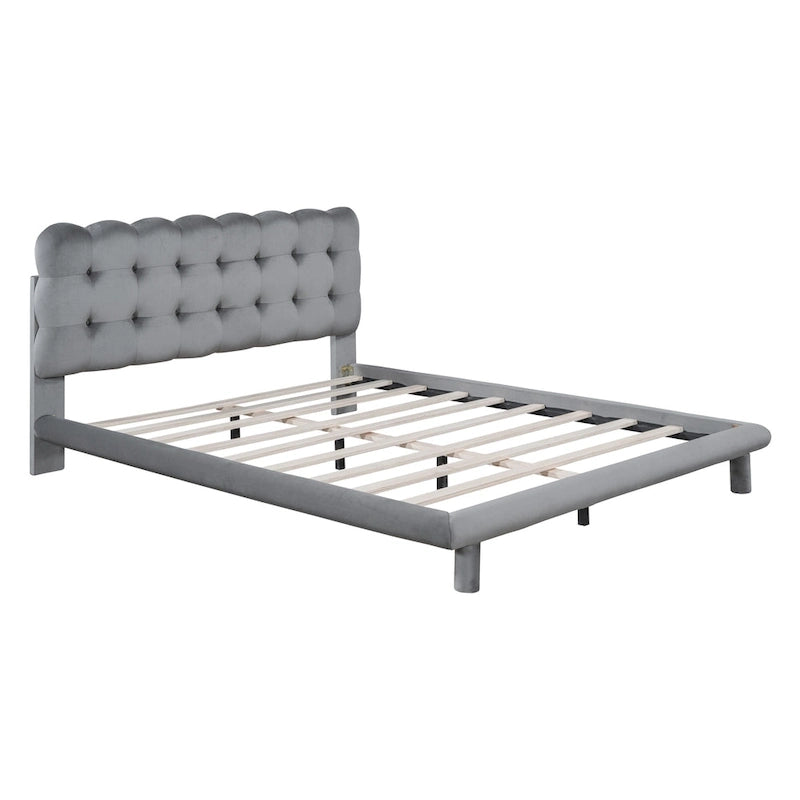 Velvet Upholstered Platform Bed Frame with LED Light & Biscuit Headboard