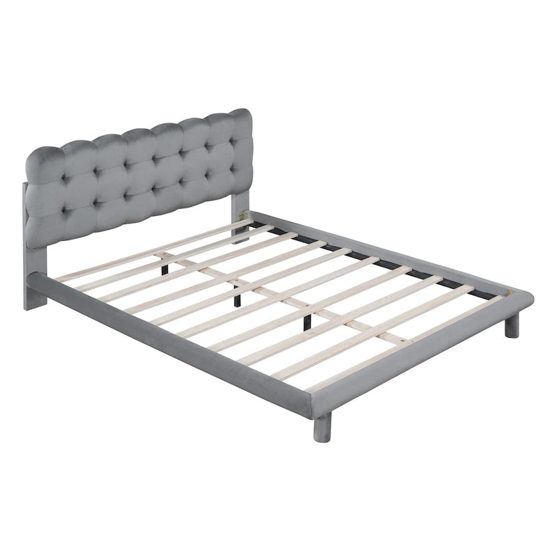 Velvet Upholstered Platform Bed Frame with LED Light & Biscuit Headboard