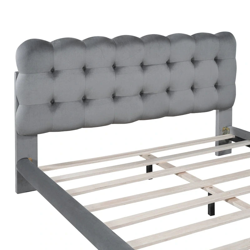 Velvet Upholstered Platform Bed Frame with LED Light & Biscuit Headboard