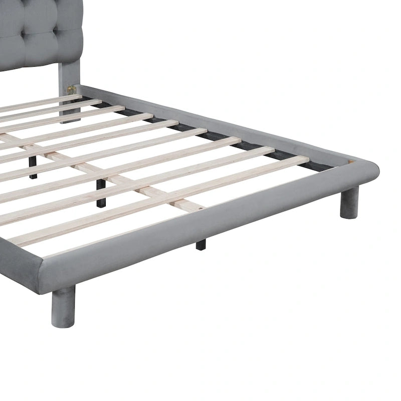 Velvet Upholstered Platform Bed Frame with LED Light & Biscuit Headboard