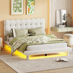 Velvet Upholstered Platform Bed Frame with LED Light & Biscuit Headboard