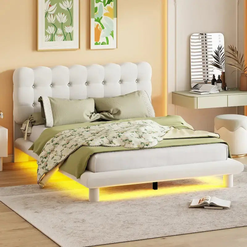 Velvet Upholstered Platform Bed Frame with LED Light & Biscuit Headboard