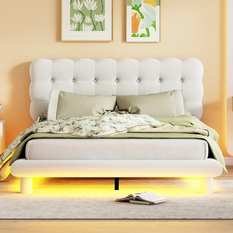 Velvet Upholstered Platform Bed Frame with LED Light & Biscuit Headboard