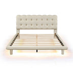 Velvet Upholstered Platform Bed Frame with LED Light & Biscuit Headboard