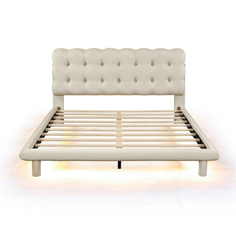 Velvet Upholstered Platform Bed Frame with LED Light & Biscuit Headboard