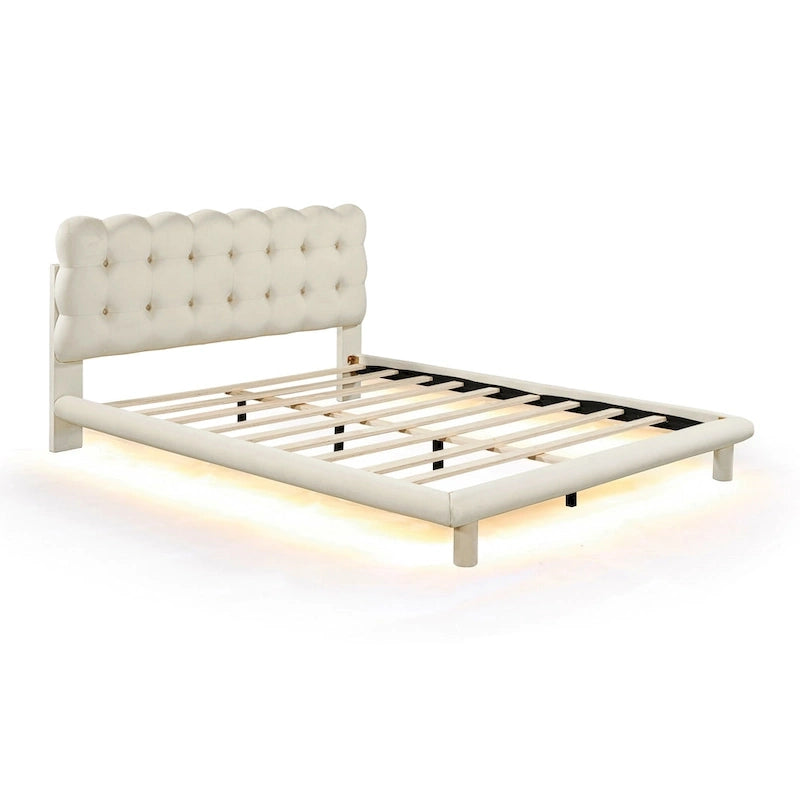 Velvet Upholstered Platform Bed Frame with LED Light & Biscuit Headboard