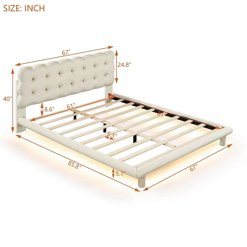 Velvet Upholstered Platform Bed Frame with LED Light & Biscuit Headboard