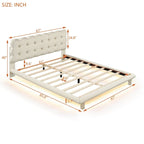 Velvet Upholstered Platform Bed Frame with LED Light & Biscuit Headboard