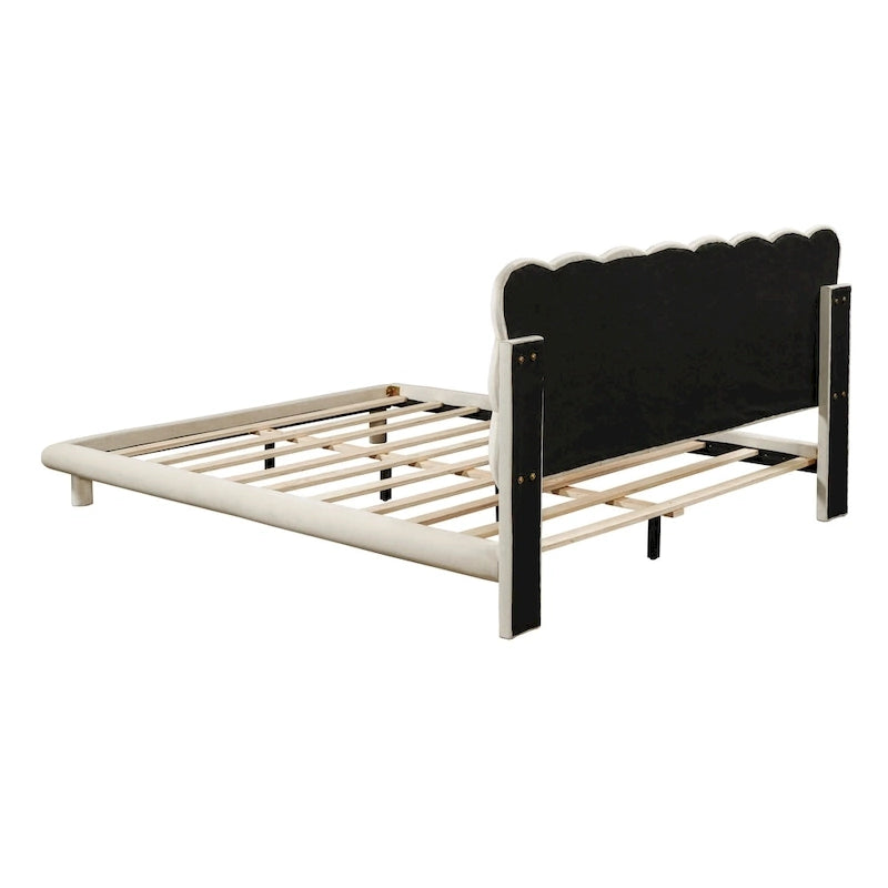 Velvet Upholstered Platform Bed Frame with LED Light & Biscuit Headboard