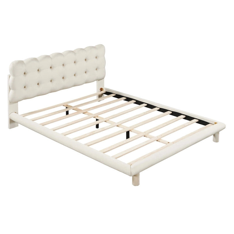 Velvet Upholstered Platform Bed Frame with LED Light & Biscuit Headboard