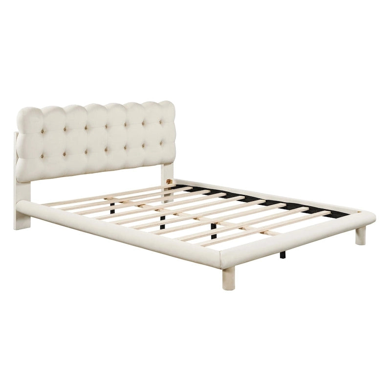 Velvet Upholstered Platform Bed Frame with LED Light & Biscuit Headboard