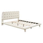 Velvet Upholstered Platform Bed Frame with LED Light & Biscuit Headboard