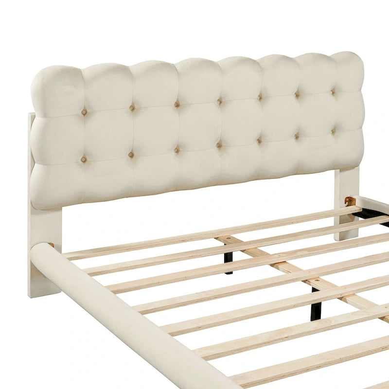 Velvet Upholstered Platform Bed Frame with LED Light & Biscuit Headboard