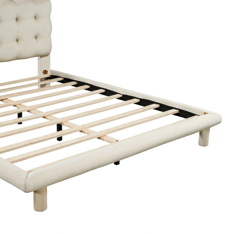 Velvet Upholstered Platform Bed Frame with LED Light & Biscuit Headboard