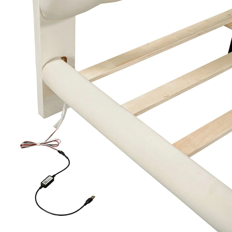 Velvet Upholstered Platform Bed Frame with LED Light & Biscuit Headboard