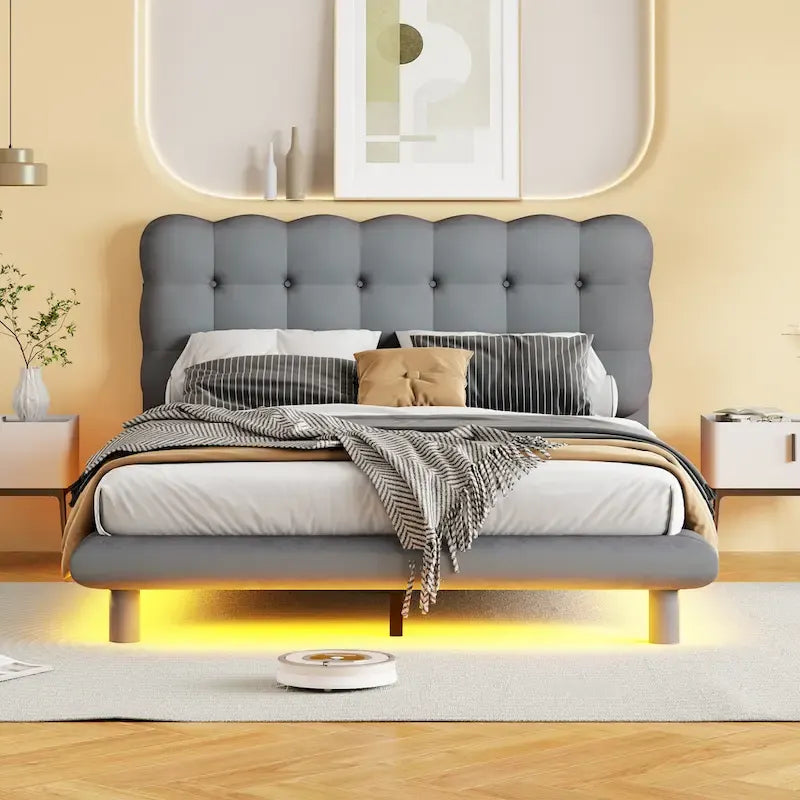 Velvet Upholstered Platform Bed Frame with LED Light & Biscuit Headboard