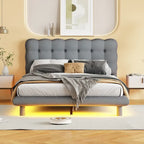 Velvet Upholstered Platform Bed Frame with LED Light & Biscuit Headboard