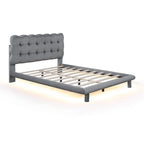 Velvet Upholstered Platform Bed Frame with LED Light & Biscuit Headboard