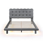 Velvet Upholstered Platform Bed Frame with LED Light & Biscuit Headboard
