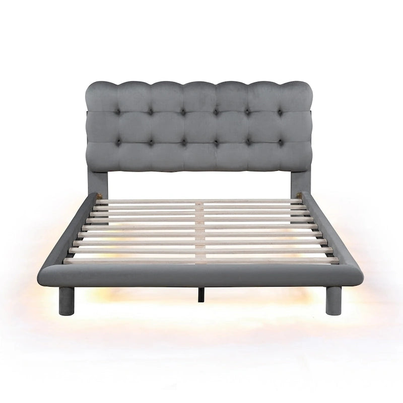 Velvet Upholstered Platform Bed Frame with LED Light & Biscuit Headboard